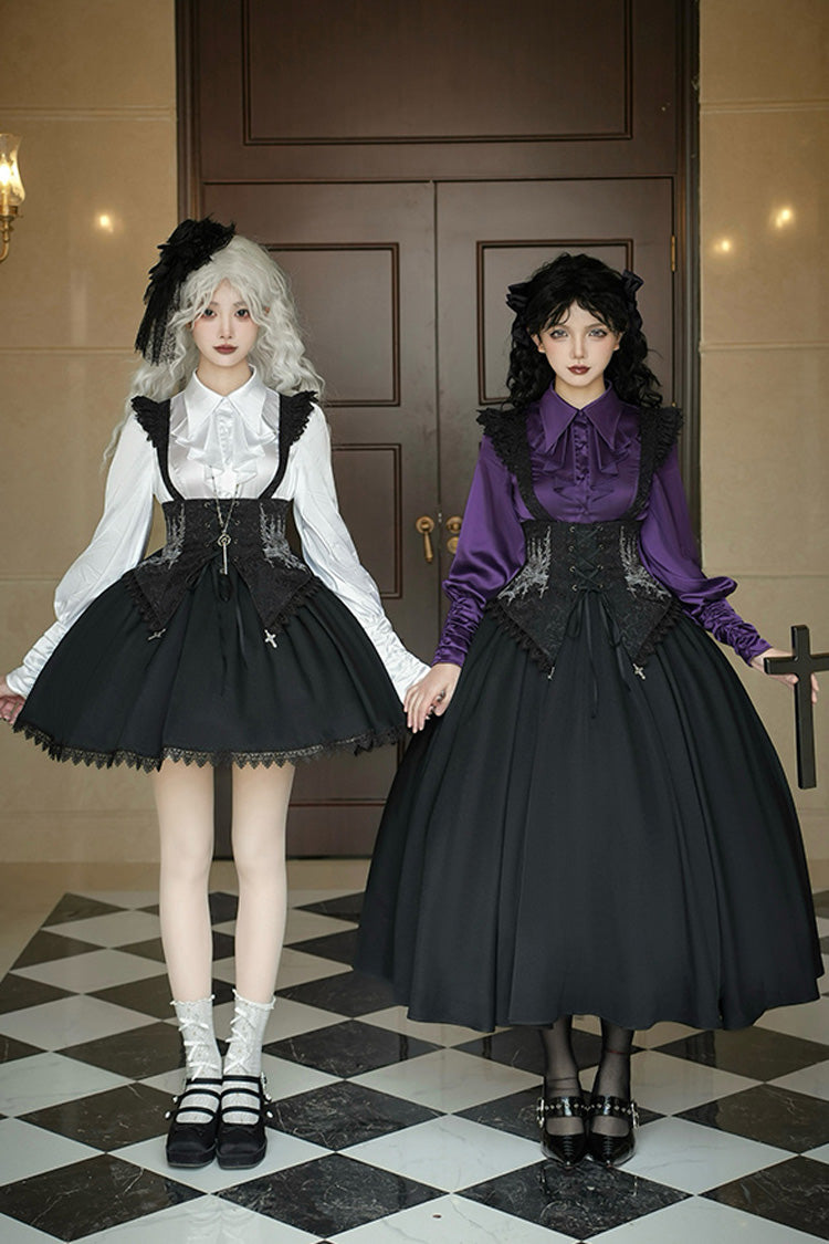 Black Night of Thorns Sleeveless Embroidery Lace-Up Gothic Lolita Strap Breast Support Dress 2 Versions