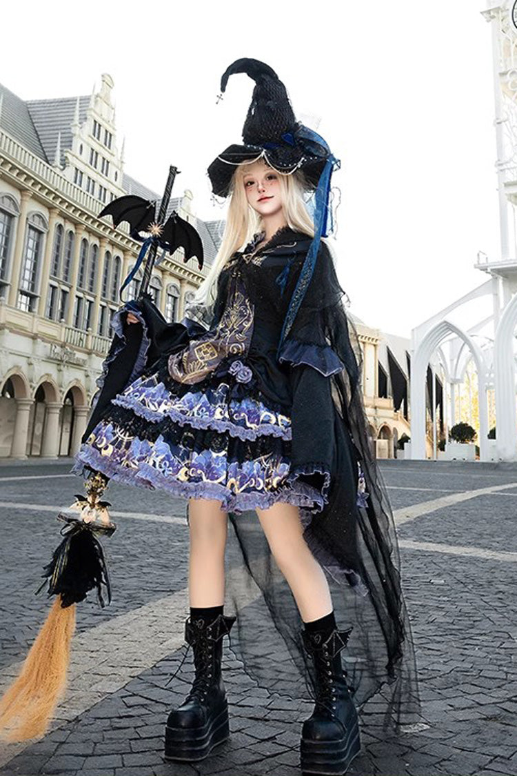 Black Astrology Cat Long Sleeves Double-Layered Print Ruffle Lace Gothic Lolita Dress