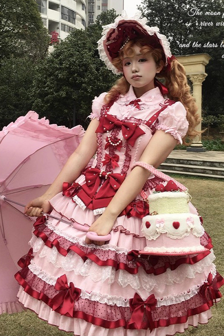 Red Ribbon Berries Sleeveless Multi-Layered Ruffle Bowknot Lace Sweet Lolita Jsk Dress