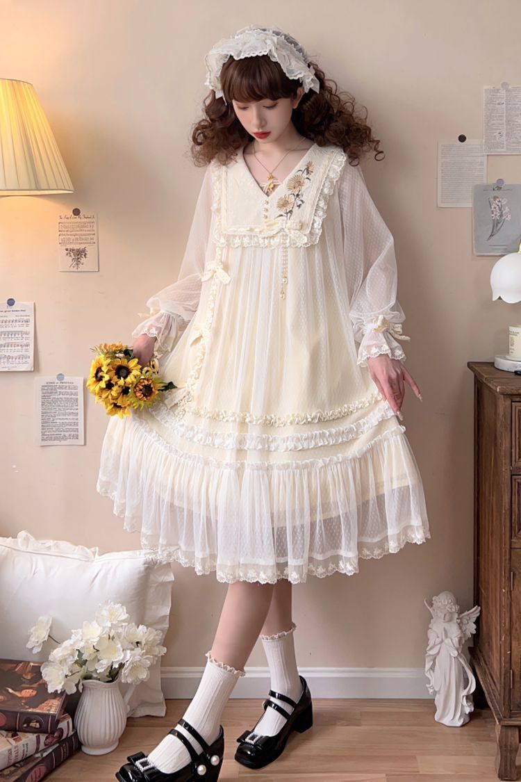 Ivory Sunflower Diary Long Sleeves Ruffle Embroidery Bowknot Lace Chiffon Sweet Princess Lolita Dress