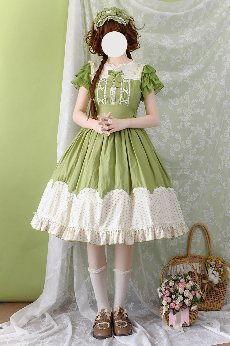 Summer Wind Short Sleeves Polka Dot Print Ruffle Embroidery Sweet Lolita Dress 3 Colors