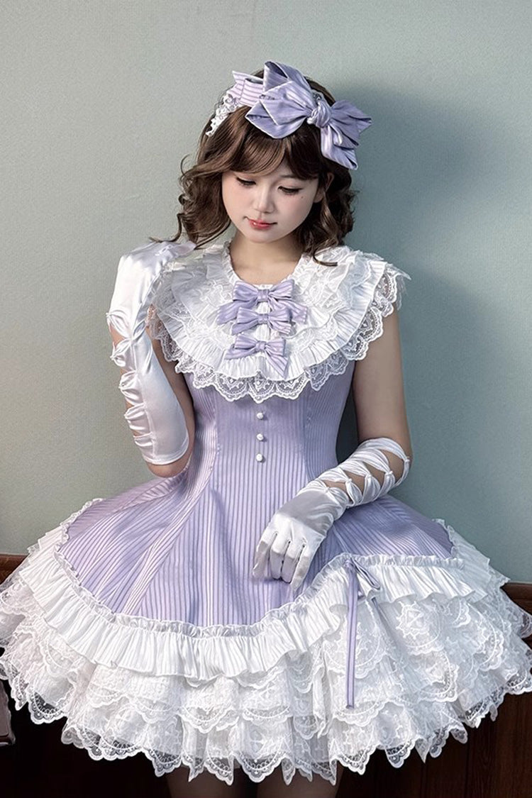 Purple Miss Tsundere Sleeveless Multi-Layered Ruffle Bowknot Lace Asymmetric Sweet Princess Lolita Dress