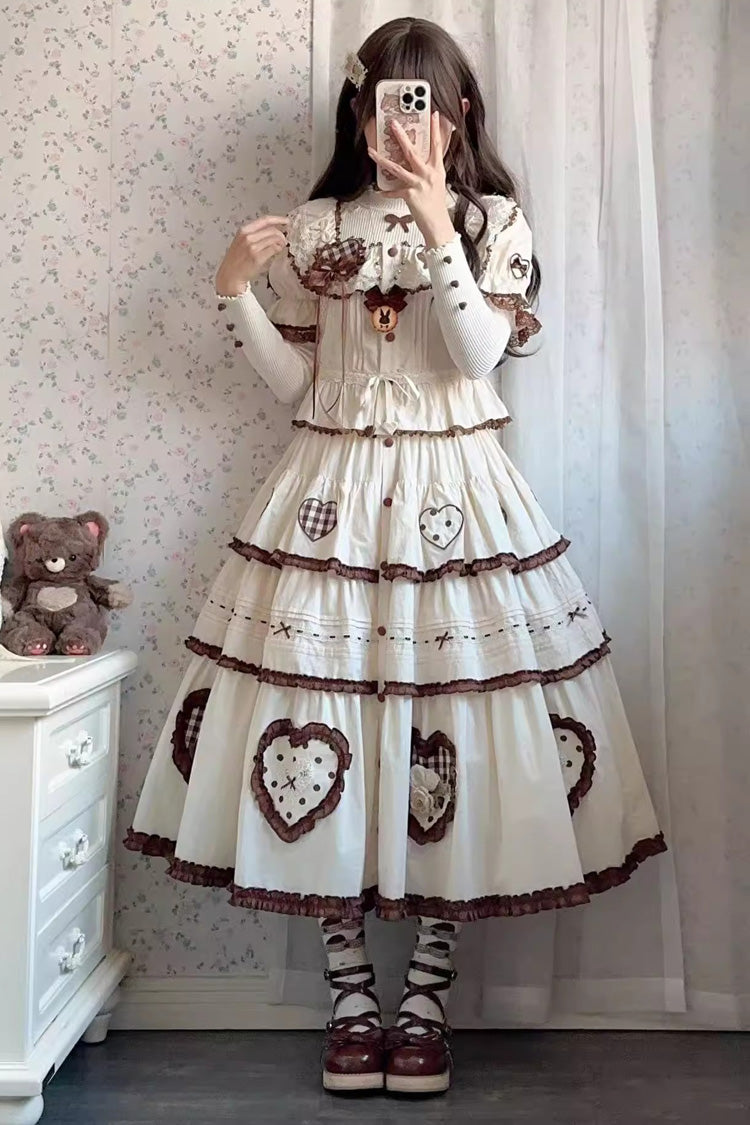 Ivory Lovely Heart Triple-Layered Ruffle Embroidery Bowknot Sweet Elegant Lolita Skirt