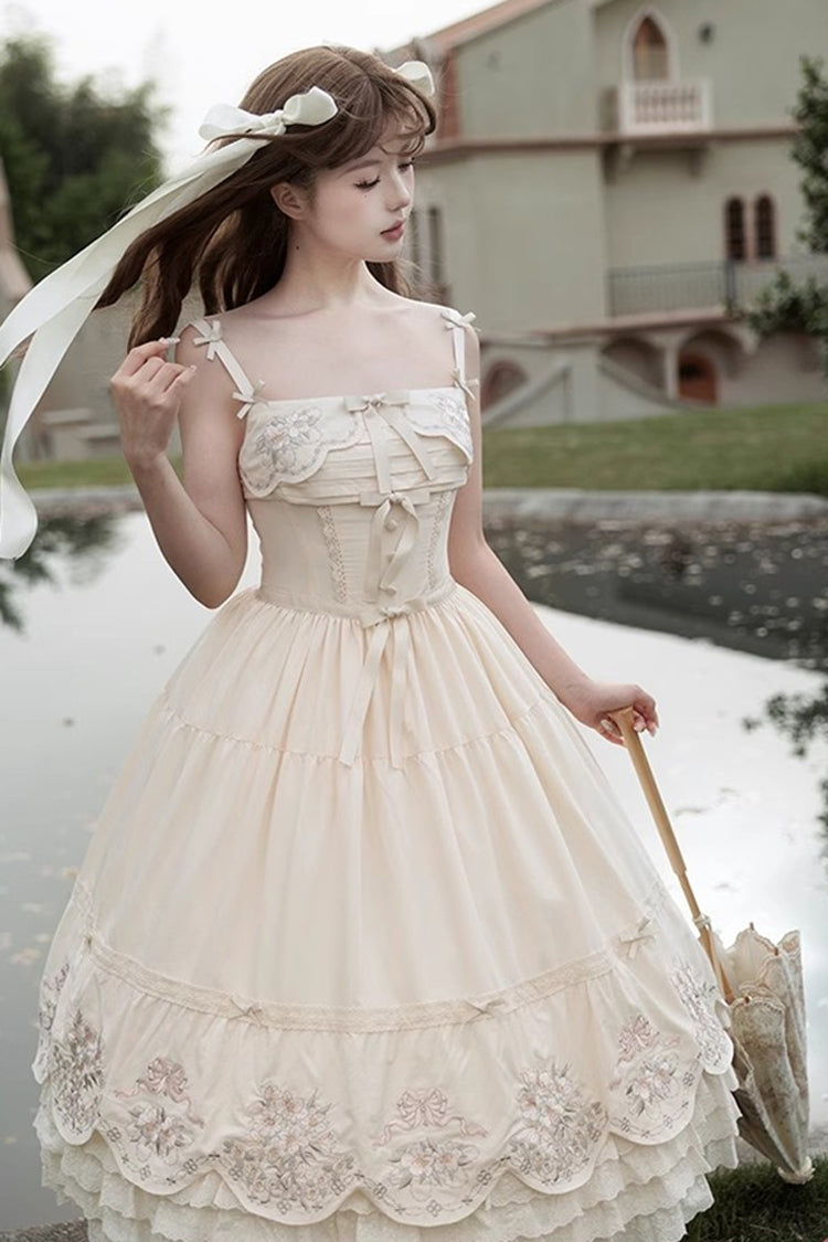 Apricot Fantasy Butterfly Triple-Layered Ruffle Embroidery Bowknot Lace Sweet Princess Lolita Jsk Dress