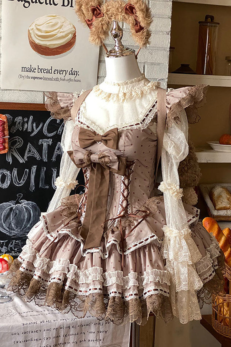 Brown Coco Ballet Sleeveless Double-Layered Bow Lace Lace-Up Sweet Princess Ballet Lolita Jsk Dress