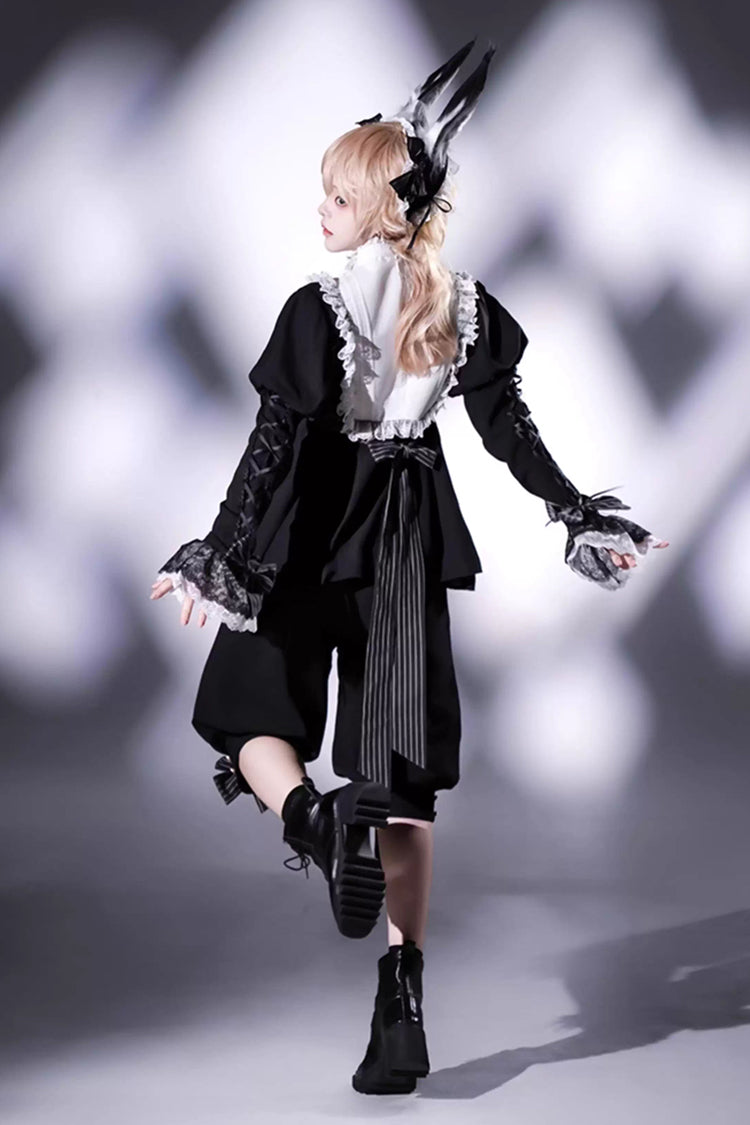 Black/White Rabbit Hole Long Sleeves Bow Gothic Prince Ouji Lolita Set