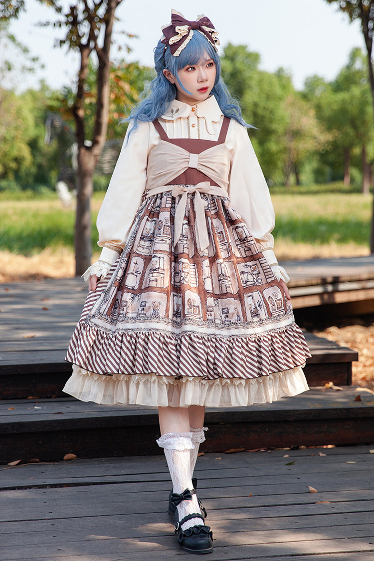 Brown Underground Bear Print Ruffle Bowknot Sweet Lolita Dress