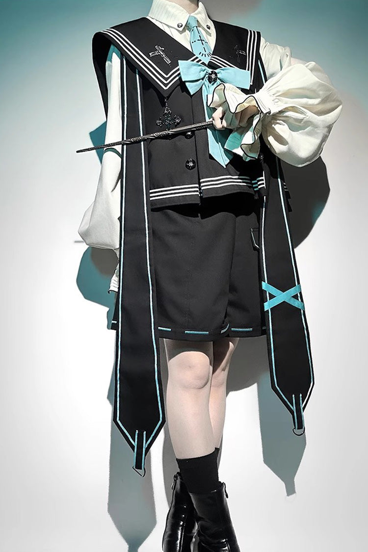 Dark Blue Magician Long Sleeves Ouji Prince Mechanical Style Lolita Shorts Vest Set