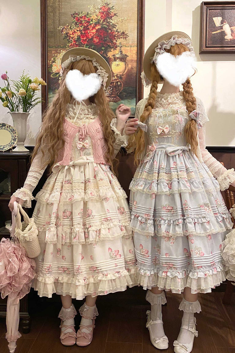 Strawberry Garden Sleeveless Multi-Layered Printed Ruffled Bow Sweet Lolita Jsk Dress 2 Colors