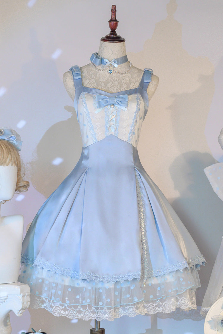 Blue Polka Waltz Sleeveless Print Bowknot Stitching Lace Sweet Lolita Jsk Dress