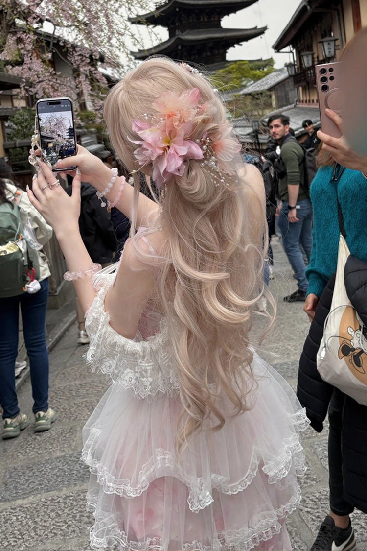 Pink Sakura Trio Sleeveless Double-Layered Ruffle Bowknot Lace Sweet Princess Lolita Jsk Dress