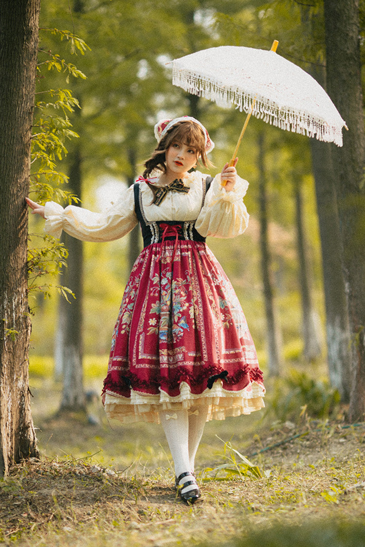 Wine Red Ode to Plenty Berries and Birds Print Ruffle Bowknot Velvet Classic Lolita Breast Support Jsk Dress