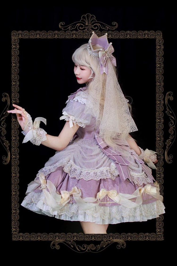 Purple Girls' Day Short Sleeves Multi-Layered Ruffle Bowknot Lace Sweet Lolita Dress 2 Versions