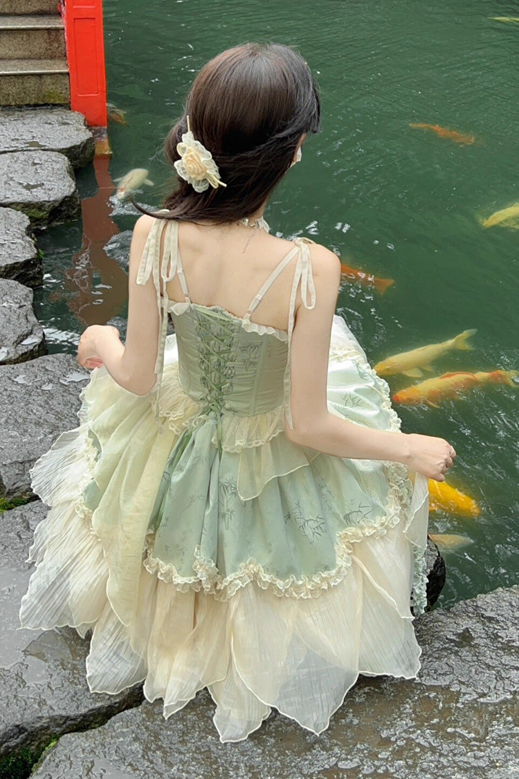 Green Tea Bamboo Song Sleeveless Print Ruffle Bowknot Sweet Chinese Style Elegant Ballet Lolita Jsk Short Dress