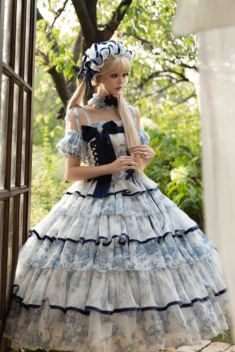 Blue/White Sleeveless Multi-Layered Print Bowknot Fishbone Sweet Classic Chinese Style Lolita Jsk Long Dress