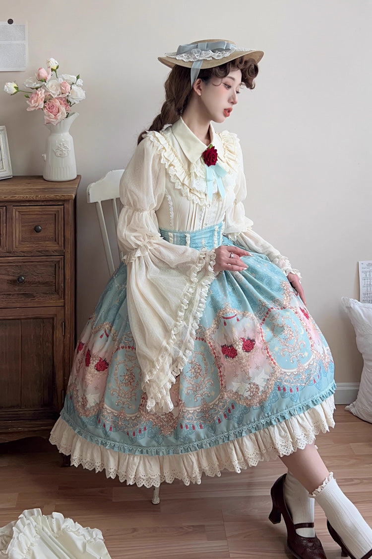 Blue Moonlit Garden Secret Print Ruffle Embroidery Lace Sweet Elegant Palace Lolita Skirt