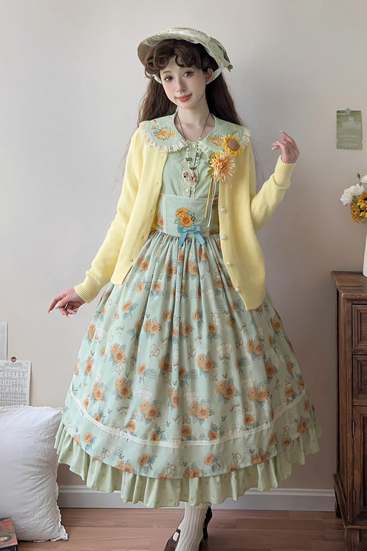 Green Gardening Sunflower Sleeveless Print Ruffle Bowknot Sweet Elegant Uplift Lolita Jsk Dress