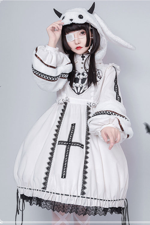 Beige Detachable High Neck Woolen Cuffs Demon Rabbit Gothic Lolita OP Dress