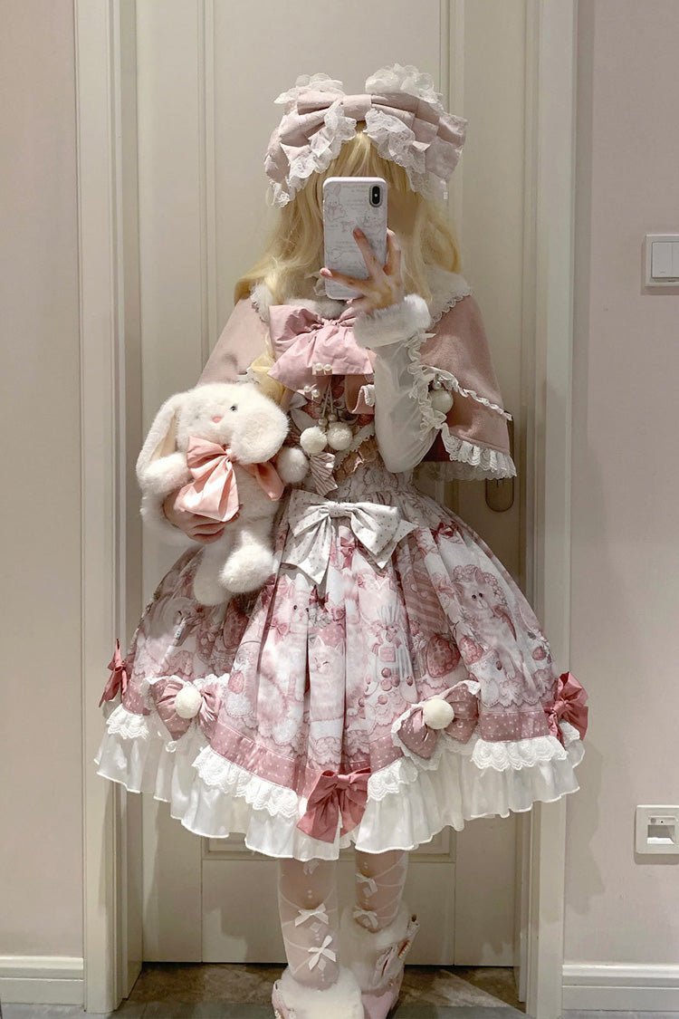 Pink Sweet Dessert Cat Print Ruffle Bowknot Lace Sweet Princess Lolita Dress Set