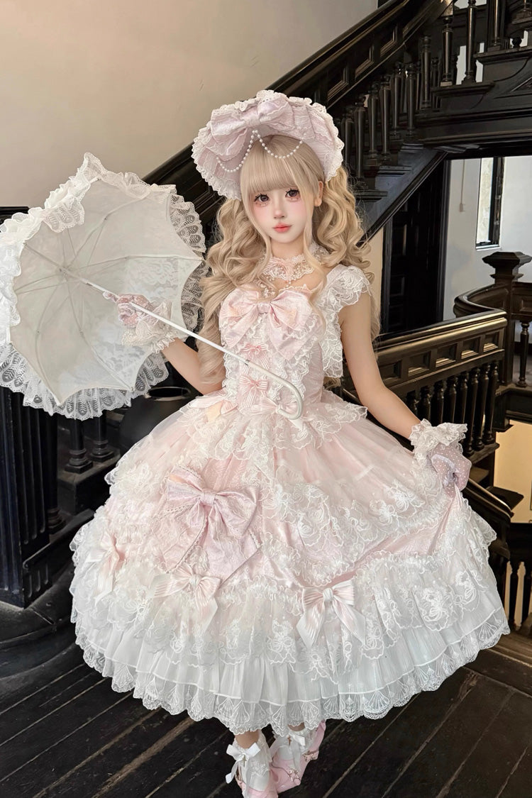 Pink Sakura Dream Romance Sleeveless Multi-Layered Ruffled Hanayome Bow Lace Sweet Princess Lolita Jsk Dress