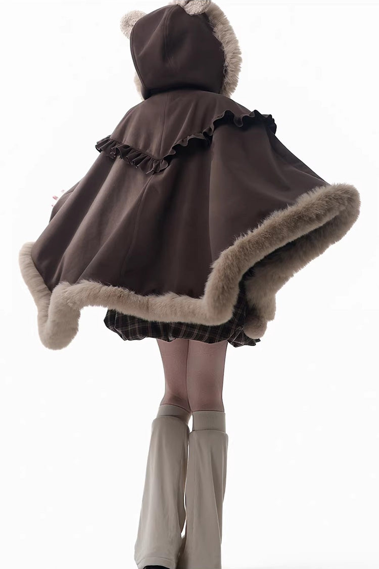 Brown Fluffy Little Bear Plaid Printed Ruffled Bow Sweet Lolita Strap Dress