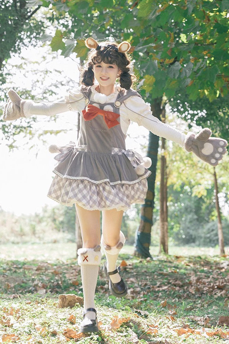 Grey Cute Grizzly Bear Plaid Print Bowknot Sweet Lolita Jsk Dress