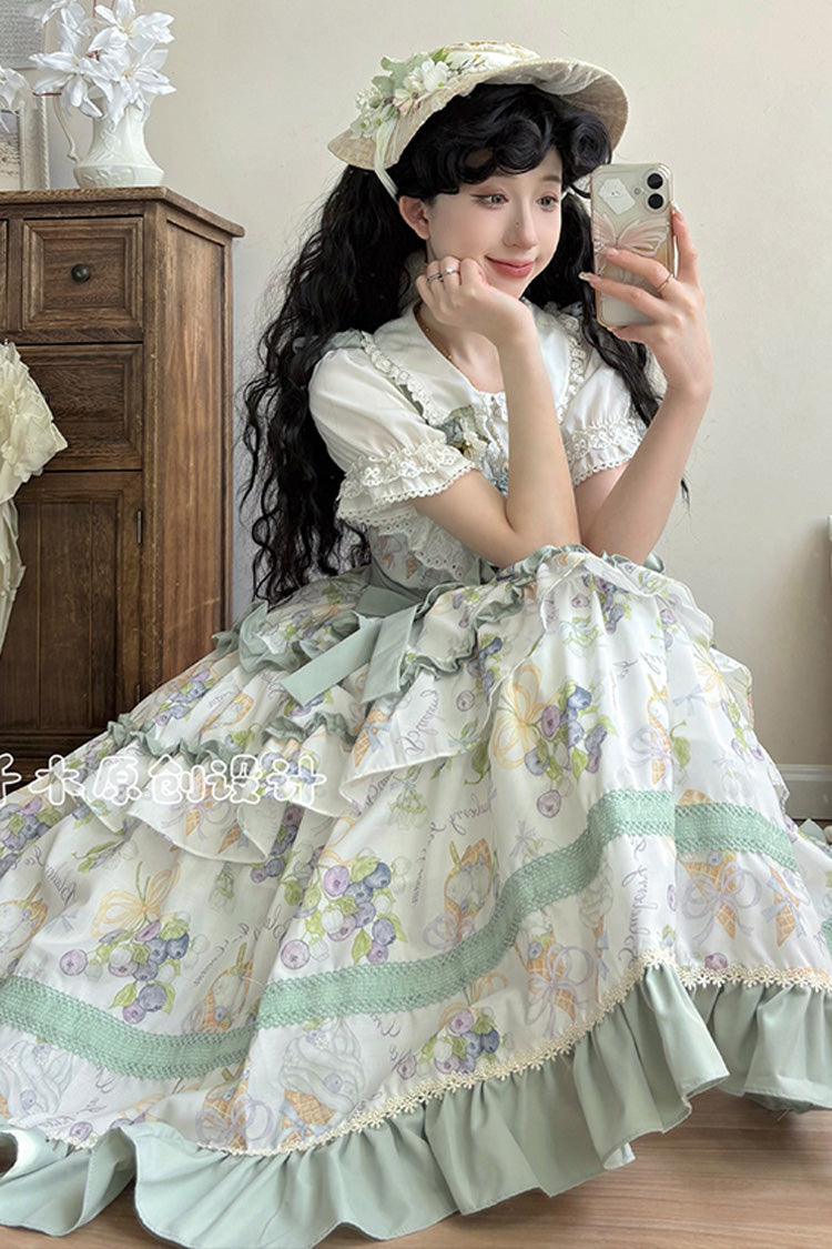 Blueberry Early Summer Sleeveless Triple-Layered Print Ruffle Bowknot Lace Sweet Lolita Jsk Dress 2 Colors
