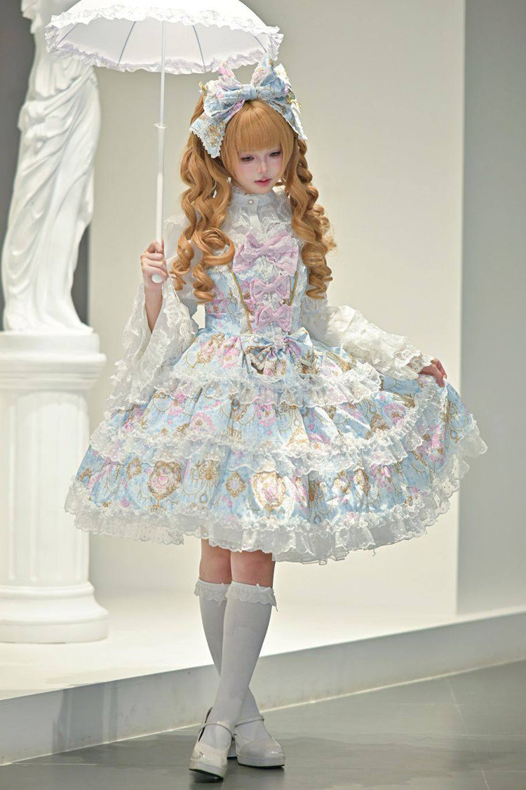 Blue Candelabrum Elegy Sleeveless Triple-Layered Flower Wall Printed Ruffled Bow Lace Sweet Lolita Jsk Dress