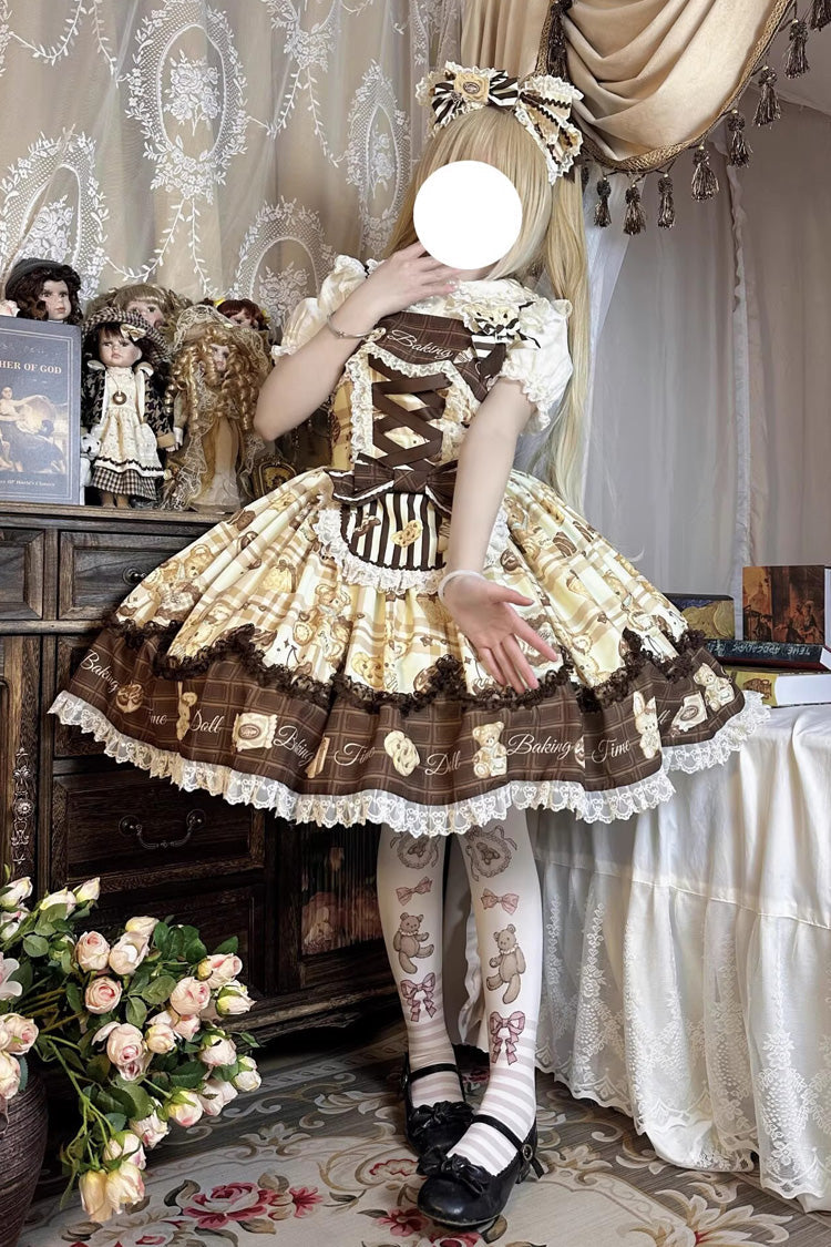 Doll Tea Party Sleeveless Print Ruffle Bowknot Lace-Up Sweet Lolita Jsk Dress 3 Colors