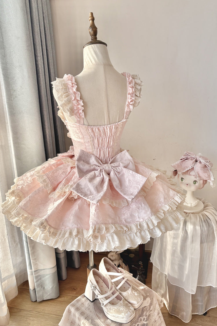 Pink Sleeveless Multi-Layered Ruffled Bow Sweet Princess Ballet Lolita Jsk Dress