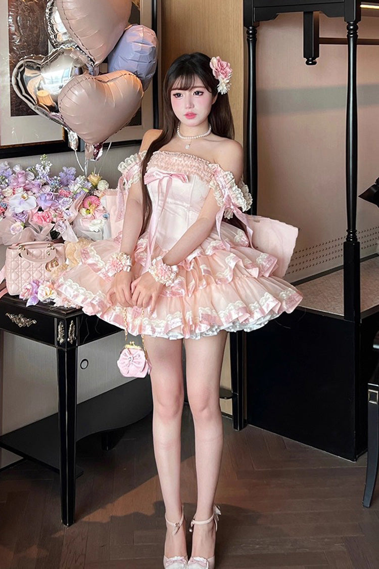 Pink Princess Ribbon Off Shoulder Triple-Layered Ruffle Bowknot Sweet Lolita Dress