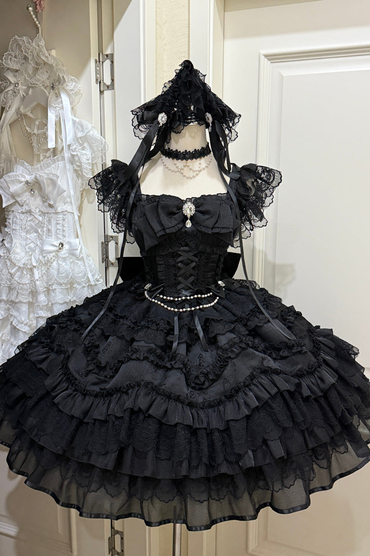 Black Eternal Vow Sleeveless Multi-Layered Ruffle Hanayome Bowknot Lace Lace-Up Gothic Lolita Jsk Dress