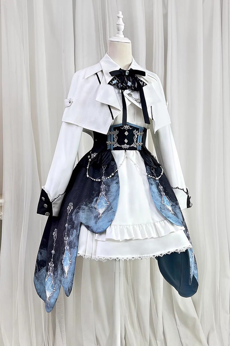 White/Blue Gradient Print Ruffle Cardigan Pearl Sweet College British Knight Style Handsome Lolita Dress Set
