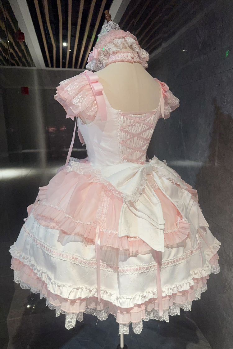 White/Pink Sleeveless Triple-Layered Ruffled Bow Lace Sweet Princess Ballet Lolita Jsk Dress