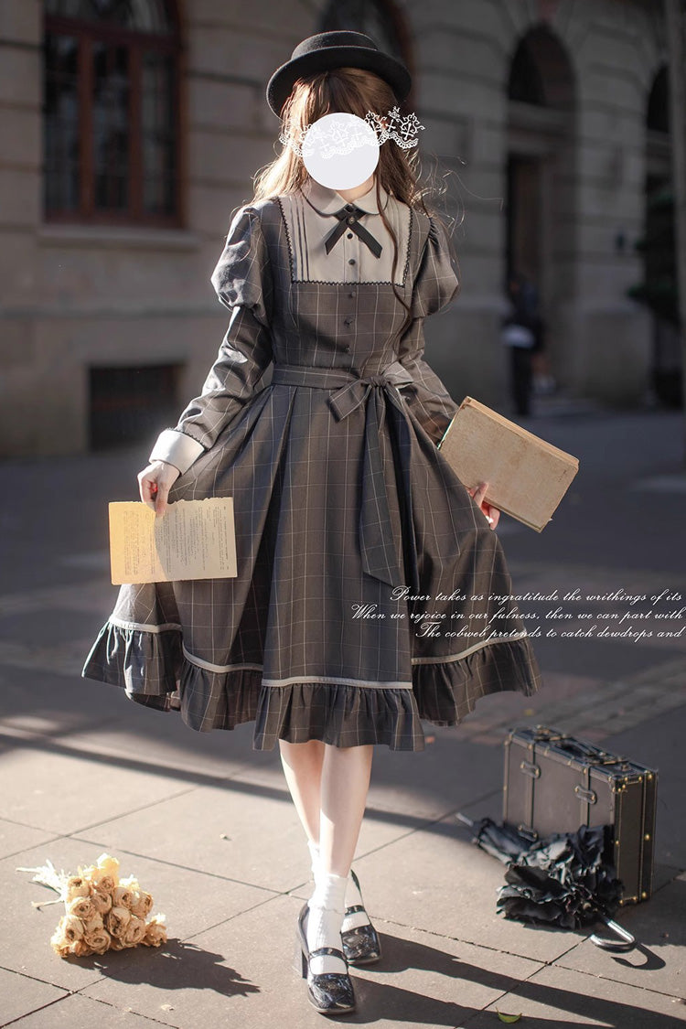 Grey Plaid Print Ruffle Bowknot Classic Vintage College Style Elegant Lolita Dress