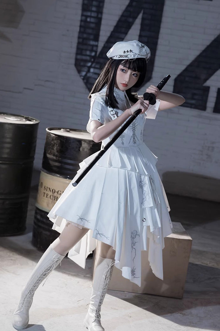 White Travelling Thorns Short Sleeves Print Gothic Elegant Lolita Dress