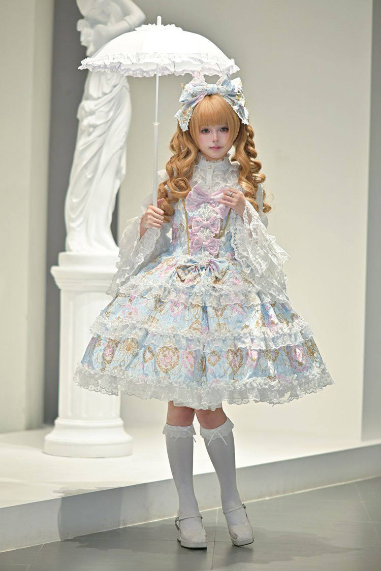 Blue Candelabrum Elegy Sleeveless Triple-Layered Flower Wall Printed Ruffled Bow Lace Sweet Lolita Jsk Dress