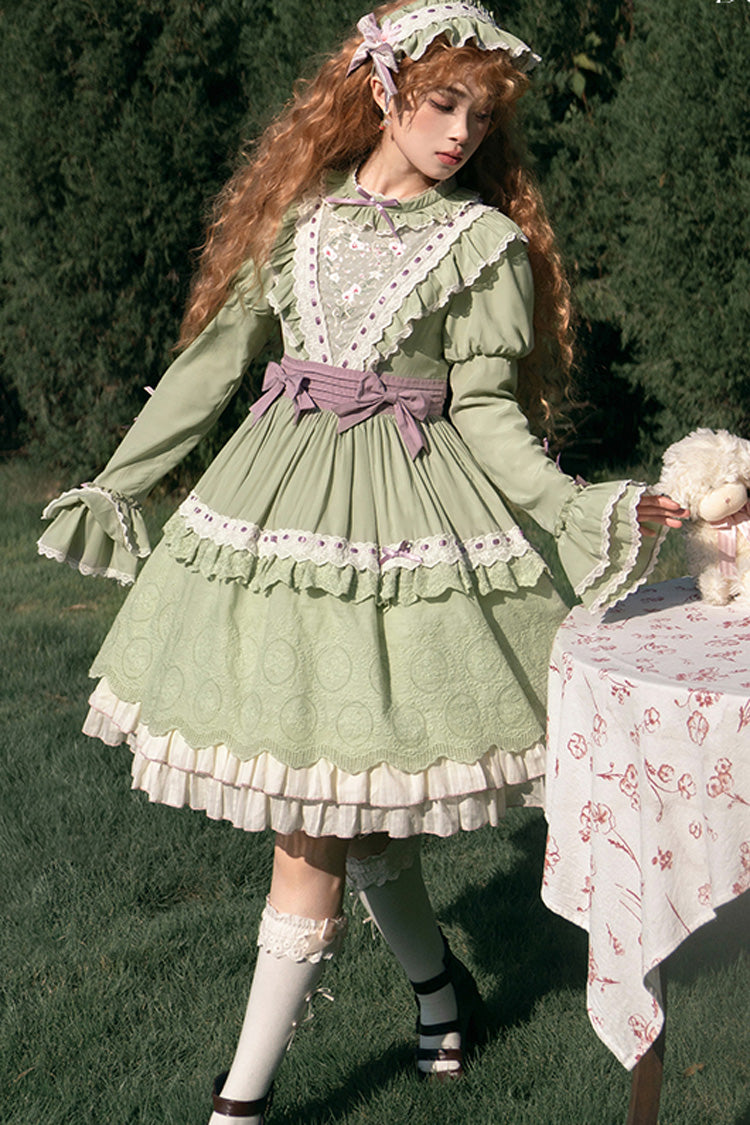 Green Solitary Orchid In Quiet Valley Long Sleeves Multi-Layered Embroidery Bowknot Sweet Lolita Dress