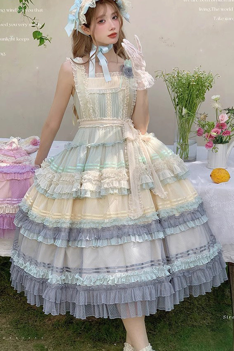 Rainbow Cloud Gradient Triple-Layered Ruffle Bowknot Sweet Lolita Jsk Dress 2 Colors