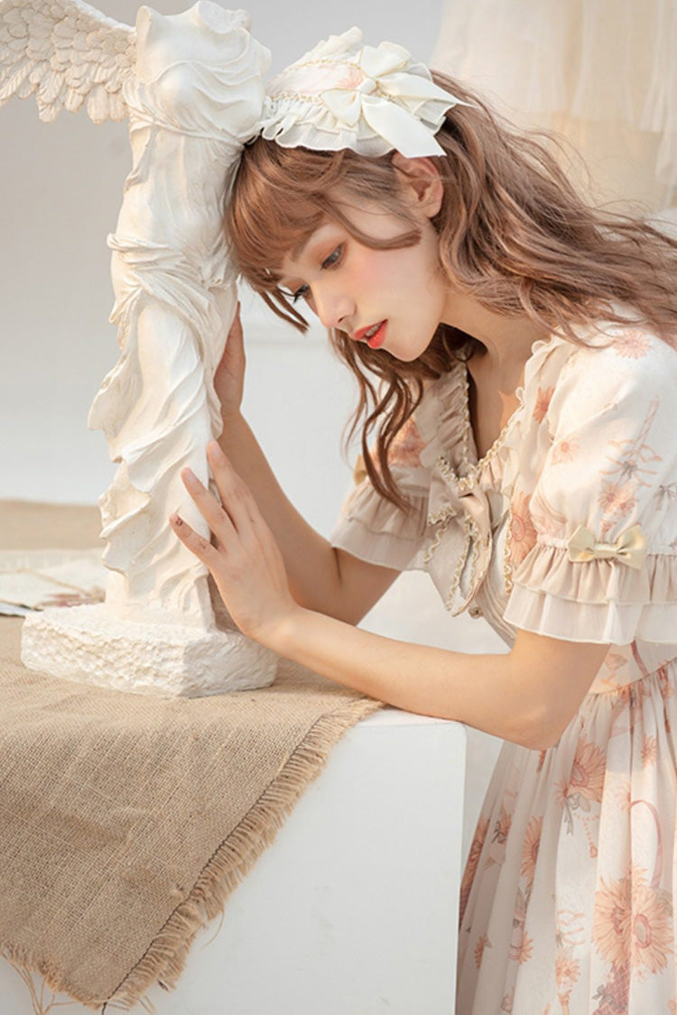 Ivory Miss Sunflower Short Sleeves Printed Ruffled Bow Sweet Lolita Dress