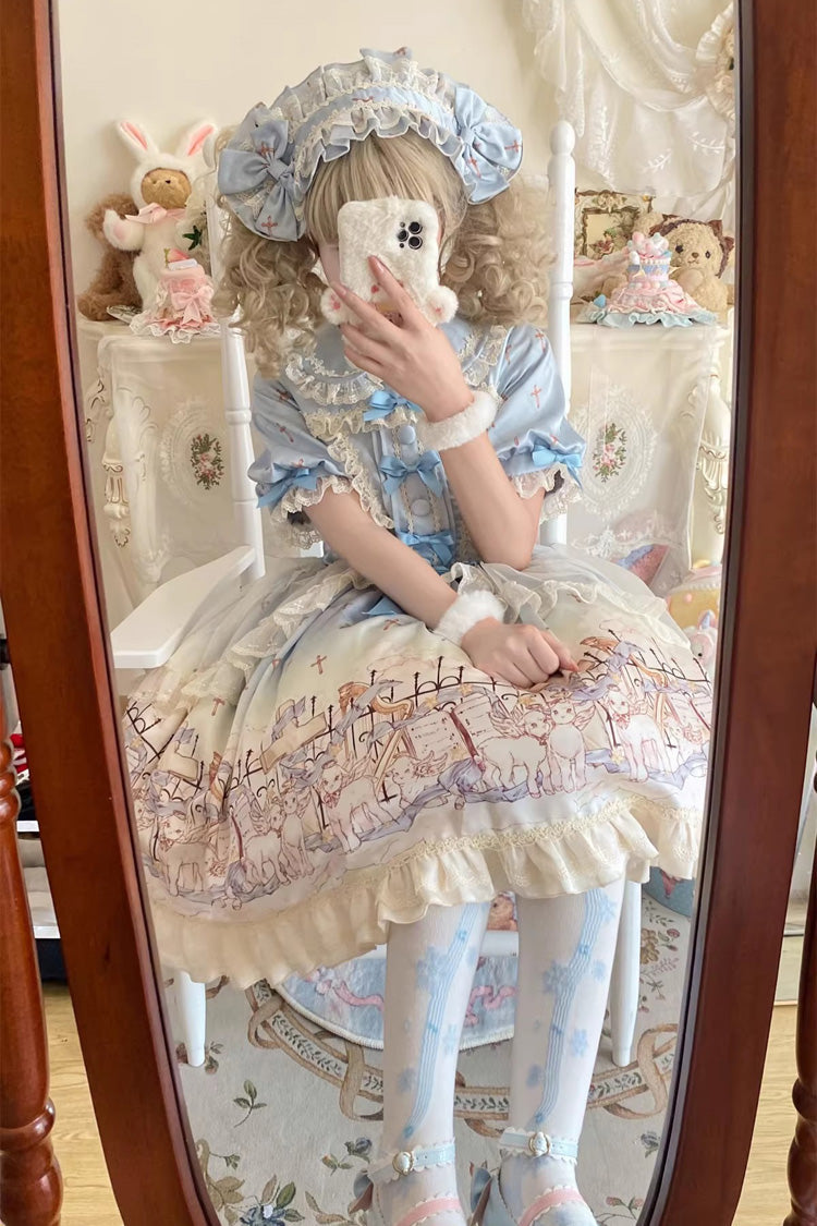 Blue Angel Lamb Lapel Collar Short Sleeves Printed Ruffled Bow Sweet Lolita Dress