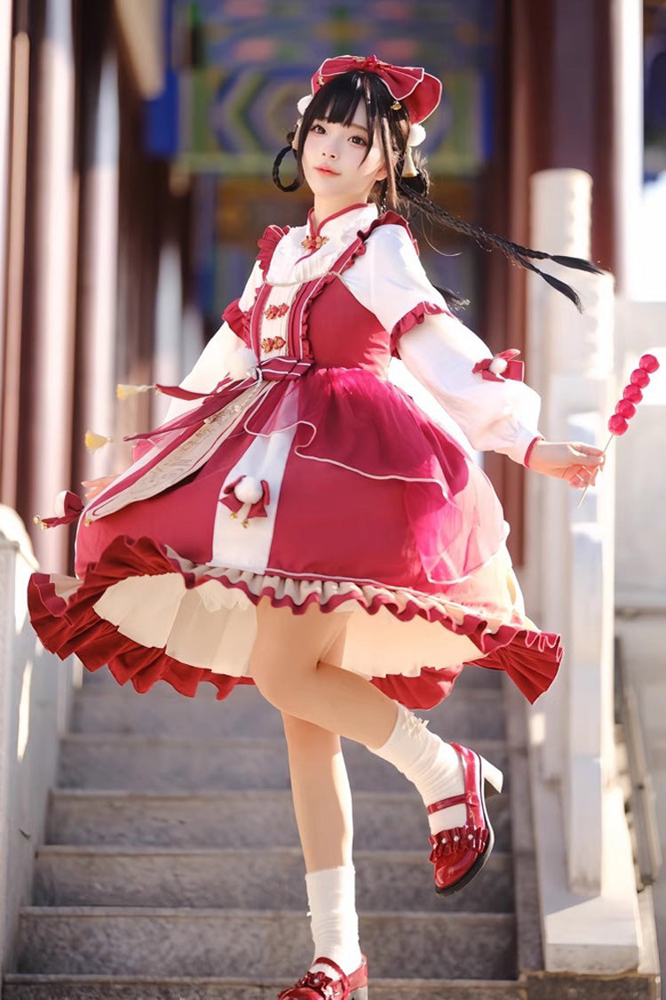 Red Double-Layered Dragon Print Bowknot Lace Sweet Lolita Jsk Dress