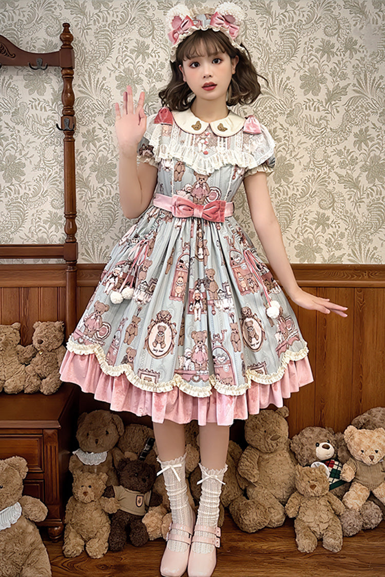 Pink/Green Bear Doll Wall Print Short Sleeves Ruffle Embroidery Bowknot Sweet Lolita Dress