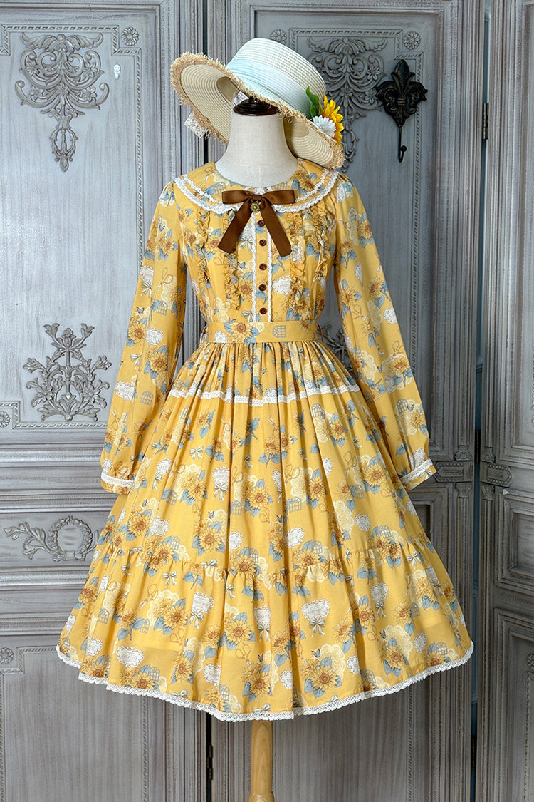 Yellow Gardening Sunflower Long Sleeves Print Ruffle Bowknot Sweet Elegant Lolita Dress
