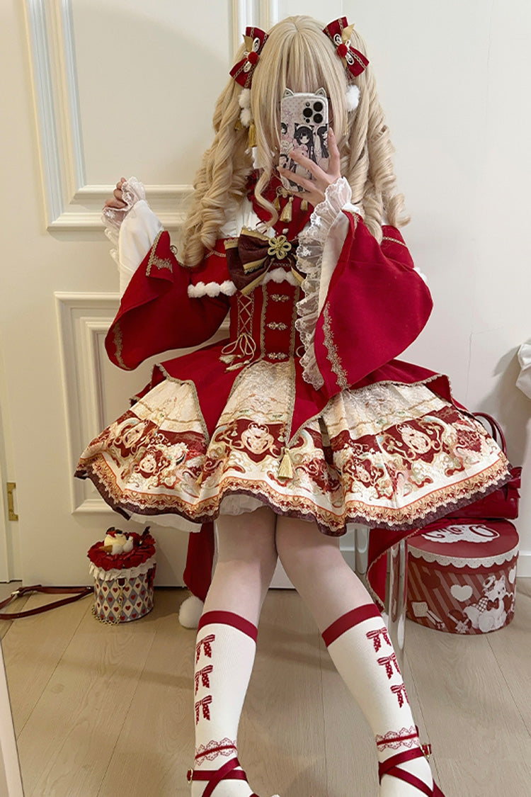 Red New Year Print Ruffle Bowknot Lace-Up Sweet Chinese Style Lolita Jsk Dress
