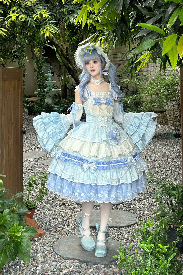 Blue Falling Sakura Multi-Layered Ruffled Hanayome Bow Lace Sweet Plus Size Princess Lolita Jsk Dress