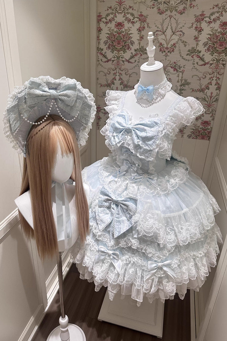 Blue Sakura Dream Romance Sleeveless Multi-Layered Ruffled Hanayome Bow Lace Sweet Princess Lolita Jsk Dress
