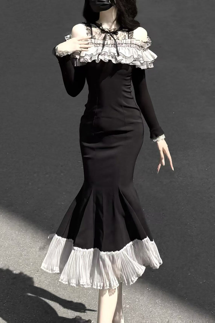 Black Night Cherry Blossoms Long Sleeves Ruffle Bowknot Daily Sweet Elegant Lolita Fishtail Dress