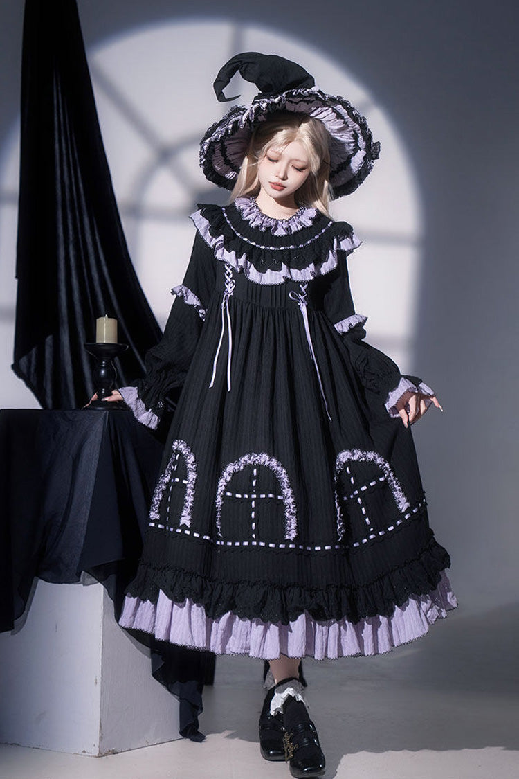 Black Twin Lilian Round Collar Long Sleeves Double-Layered Ruffled Bow Lace-Up Gothic Lolita Dress
