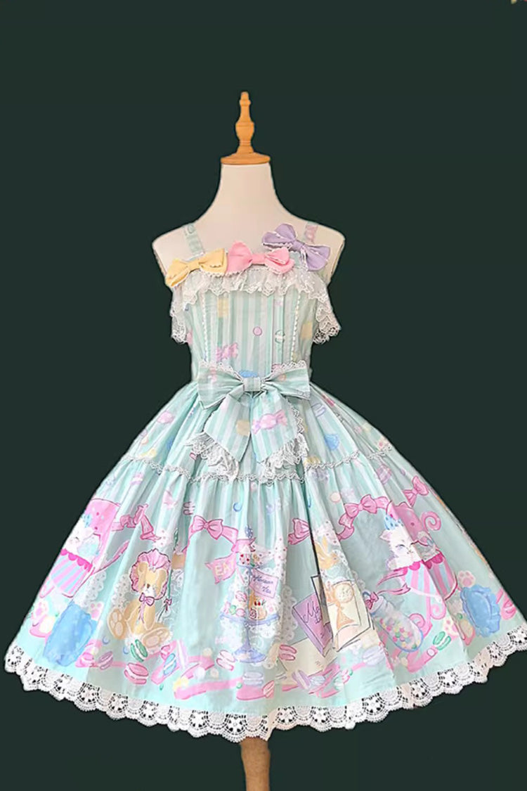 Green Macaron Dolly House Sleeveless Print Bowknot Sweet Lolita Jsk Dress